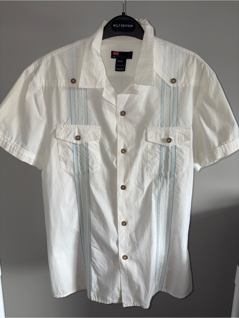 Diesel White Short-Sleeve Button-Front Camp Shirt with Light Blue Embroidery
